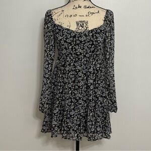 MiAmi Black Floral Long Sleeve Ruffle Hem Dress Size XS